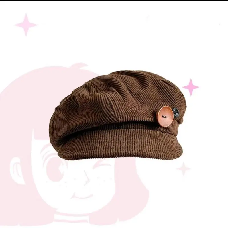 

Button Decoration Corduroy Baseball Caps Keep Warm Adjustable Newspaper Hat Beret Windproof Autumn Winter Retro Artist Hats