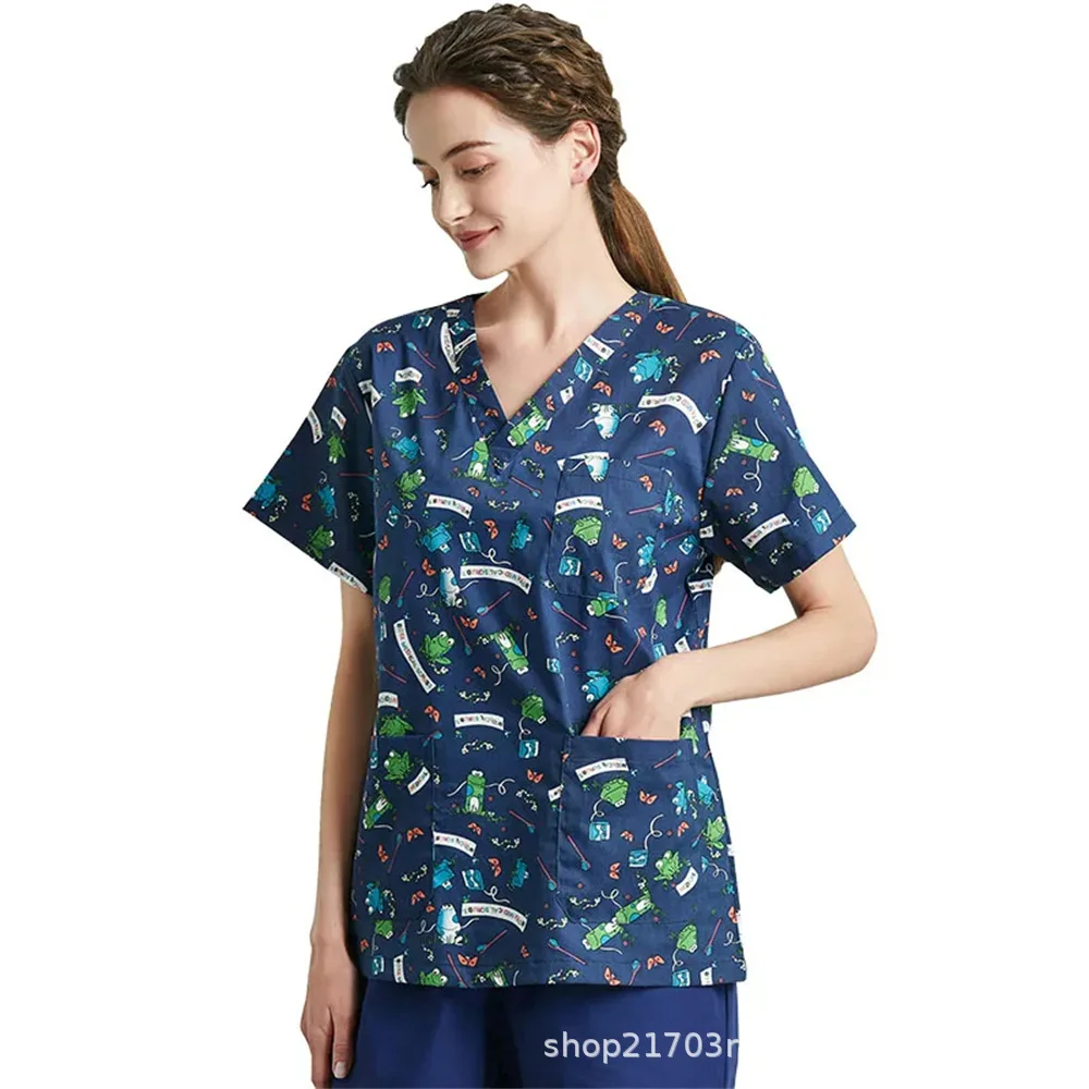 2025 новая европейская и американская женская защитная рабочая одежда с v-образным вырезом и короткими рукавами, рабочая одежда для медсестры с 3D принтом мультфильмов и цветочным принтом