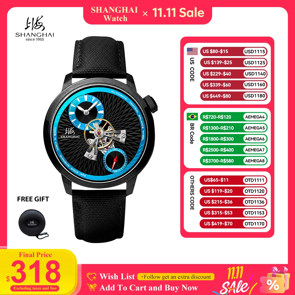 SHANGHAI Watch Sky Dome Men's Automatic Watches 43mm Center Flywheel Mechanical Wristwatch 5 Bar Water Resistant Reloj New S2101