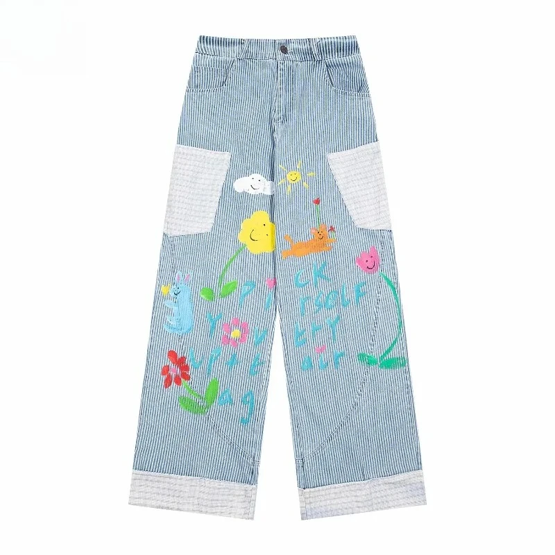 

Vintage Striped Cartoon Doodle Print Pants Men Women Couple Wide Leg Straight Loose Casual Kids Jeans