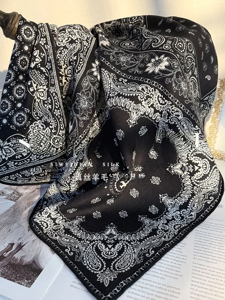 ペイズリー柄オールドマネーカシューフラワー秋冬シルクウール混紡スカーフ高級シルクヘアスクエアスカーフ女性用ショルダースカーフ