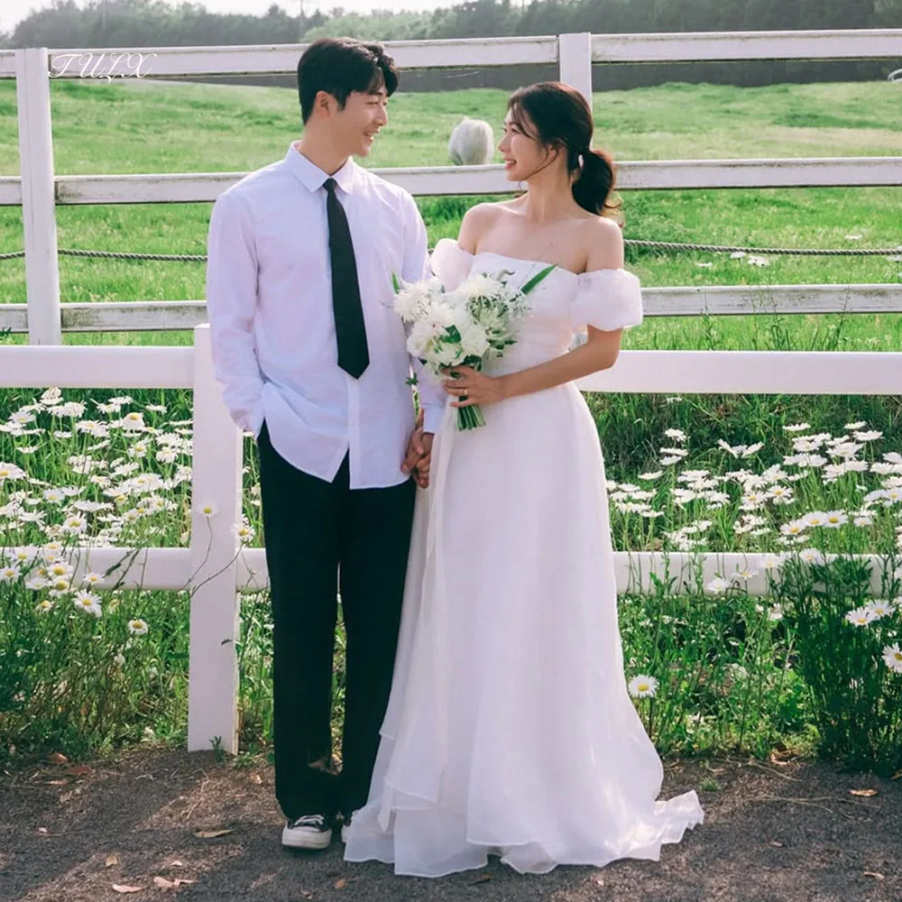 

TULX Ivory Organza Wedding Dress Korea Photo Shoot Strapless Puff Sleeves Floor Length Bridal Gowns Corset Customized 웨딩드레스