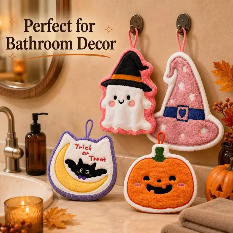 Cute Halloween Hand Towels,  Pumpkin Ghost Witch Hat Designs, Hanging Kitchen Bathroom Decor