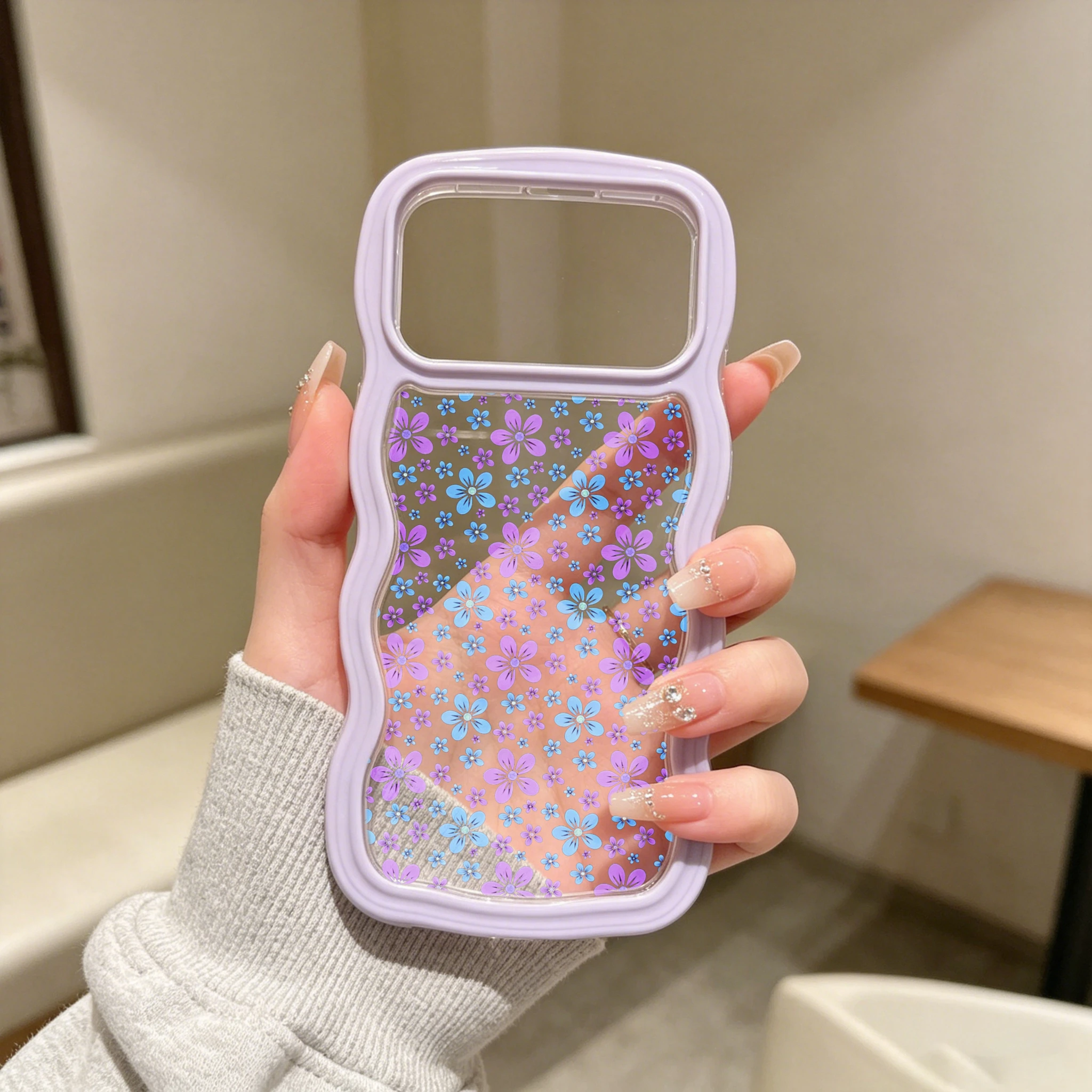 Cute Wavy Edge 2-in-1 Phone Case,   Cute Floral Phone Case, Purple Border With Blue And Pink Flower Pattern, Transparent Back Design  Soft TPU Hard PC Clear Shockproof Cell Phone Cover Compatible with iPhone 12/13/14/15/16 Series