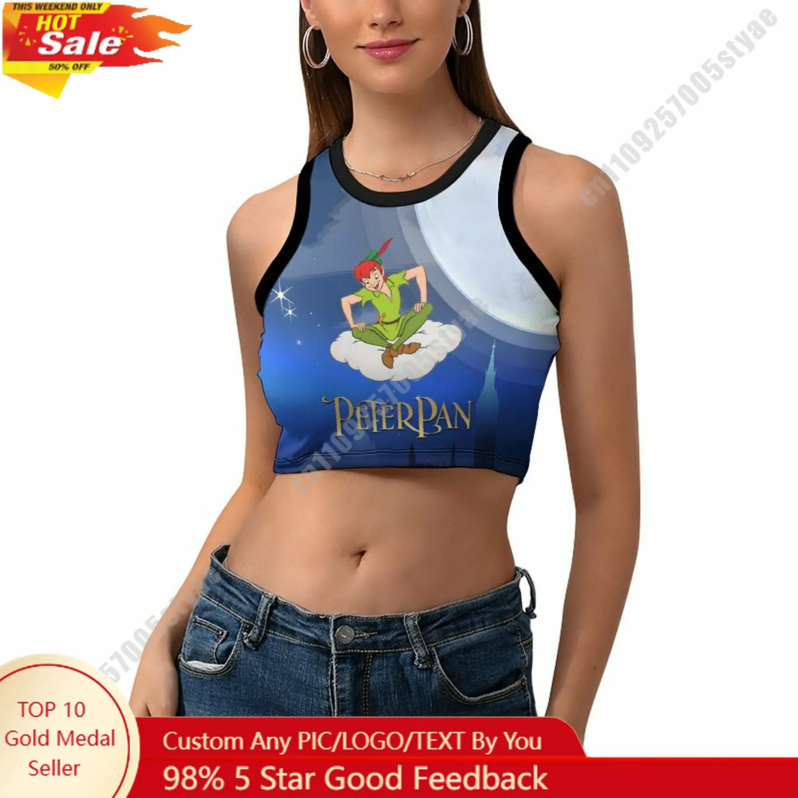 

Peter Pan Vest Disney Pattern Custom Photo Text Crop Tank Racerback Vest Personalized Graphic Sleeveless Crop Top