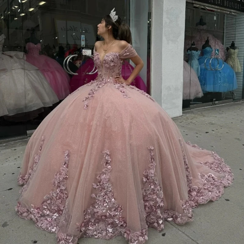 EVLAST-Vestido De quinceañera rosa De lujo, Vestido De baile, apliques De encaje Floral con cuentas, corsé De México dulce 16, 15 años, TQD392