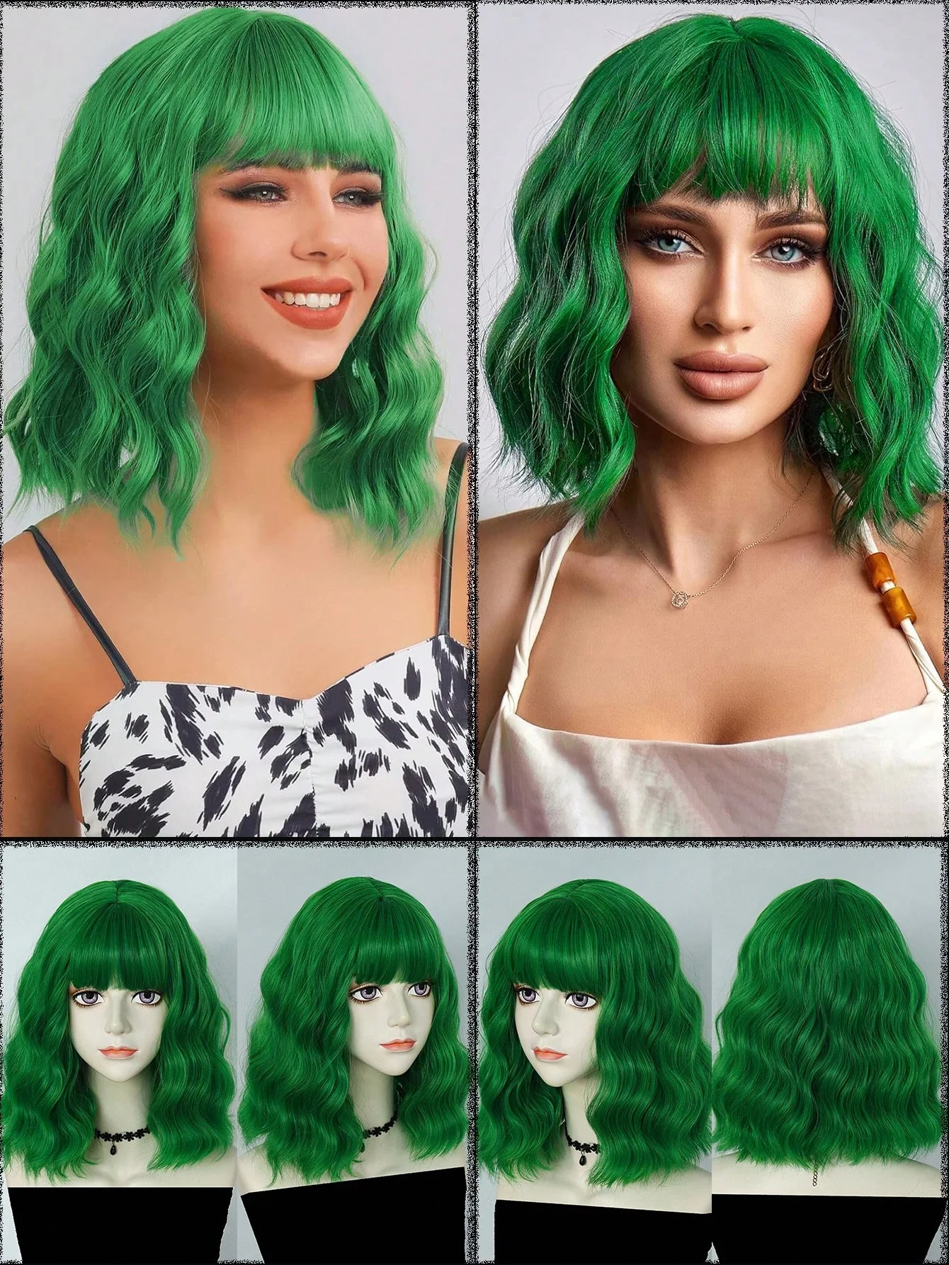 باروكات صناعية للنساء شعر مستعار قصير مموج ومجعد مع غرة بطول الكتف 14 بوصة، شعر مستعار صناعي مموج عصري