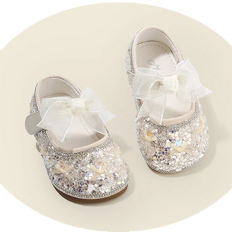 

Brand Kids Girls Bling Dress Shoes,Beige Silver Pink Lace Bowtie-knot Toddler Spring Flats Shoes Little Princess Birthday Walker