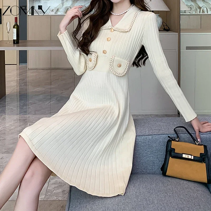 

ZOMRY 2023 Autumn Winter French High Waisted Long Sleeved Knitted Pleated Dress Women's Business Casual Elegant Sweater Dresses