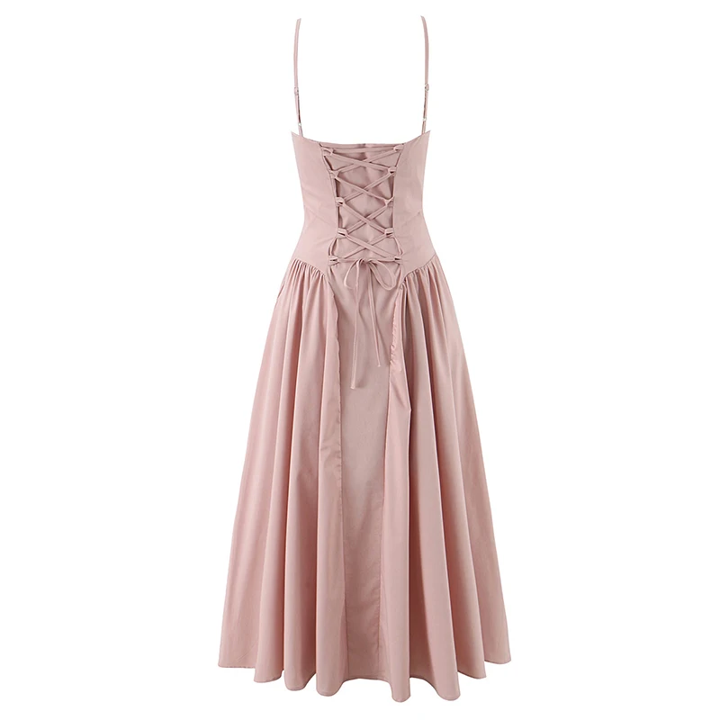 Summer Women Spaghetti Strap Slim Sexy Elegant Party Dress Lace Up Back Holiday Robe Midi Vestidos - view 6