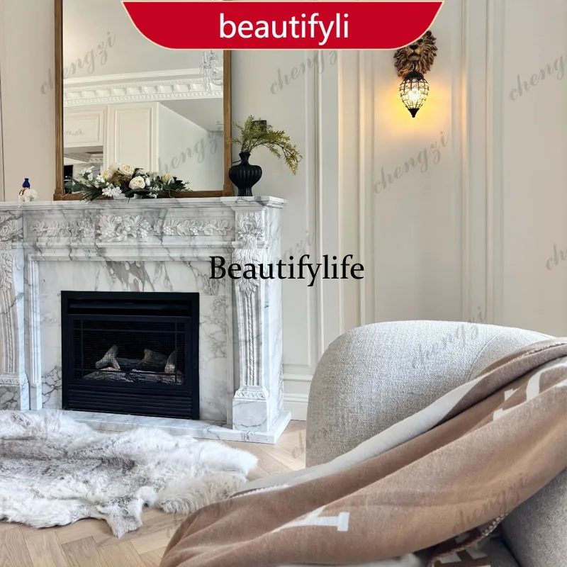 02A Marble fireplace French natural white fireplace living room simple fireplace decorative cabinet