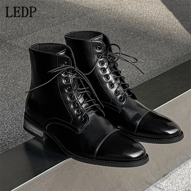 

LEDP Men's Leather Shoes Square Toe British Style Derby Shoes 2025 Autumn Business Formal Men's Casual Pointed Toe Short Boots