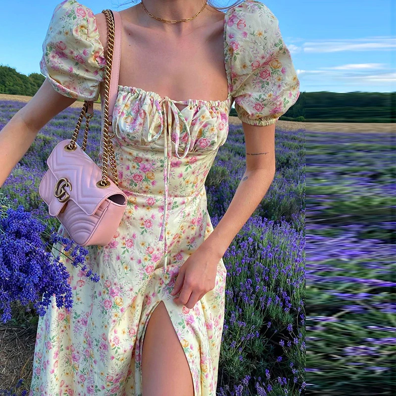 Mode Blumen gedruckt Sommerkleid 2021 Frauen Puff Kurzarm lässig Boho Front Schnürung Vintage Sommerkleid Party tragen