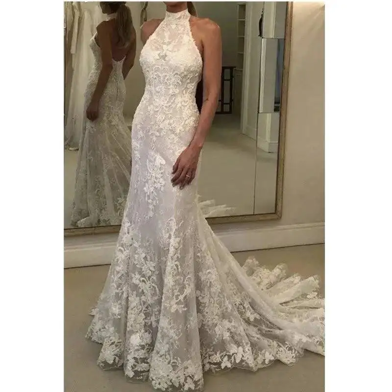 

Off Shoulder Mermaid Long Wedding Dresses Sleeveless Tulle Applique Halter Train Custom Made Bridal Gowns