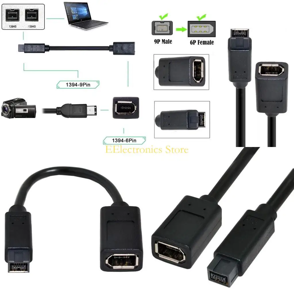 B03C Universal IEEE 1394 6Pin to 1394b 9Pin Firewire Cable for Digtal Camera Computer Interconnects Supplies