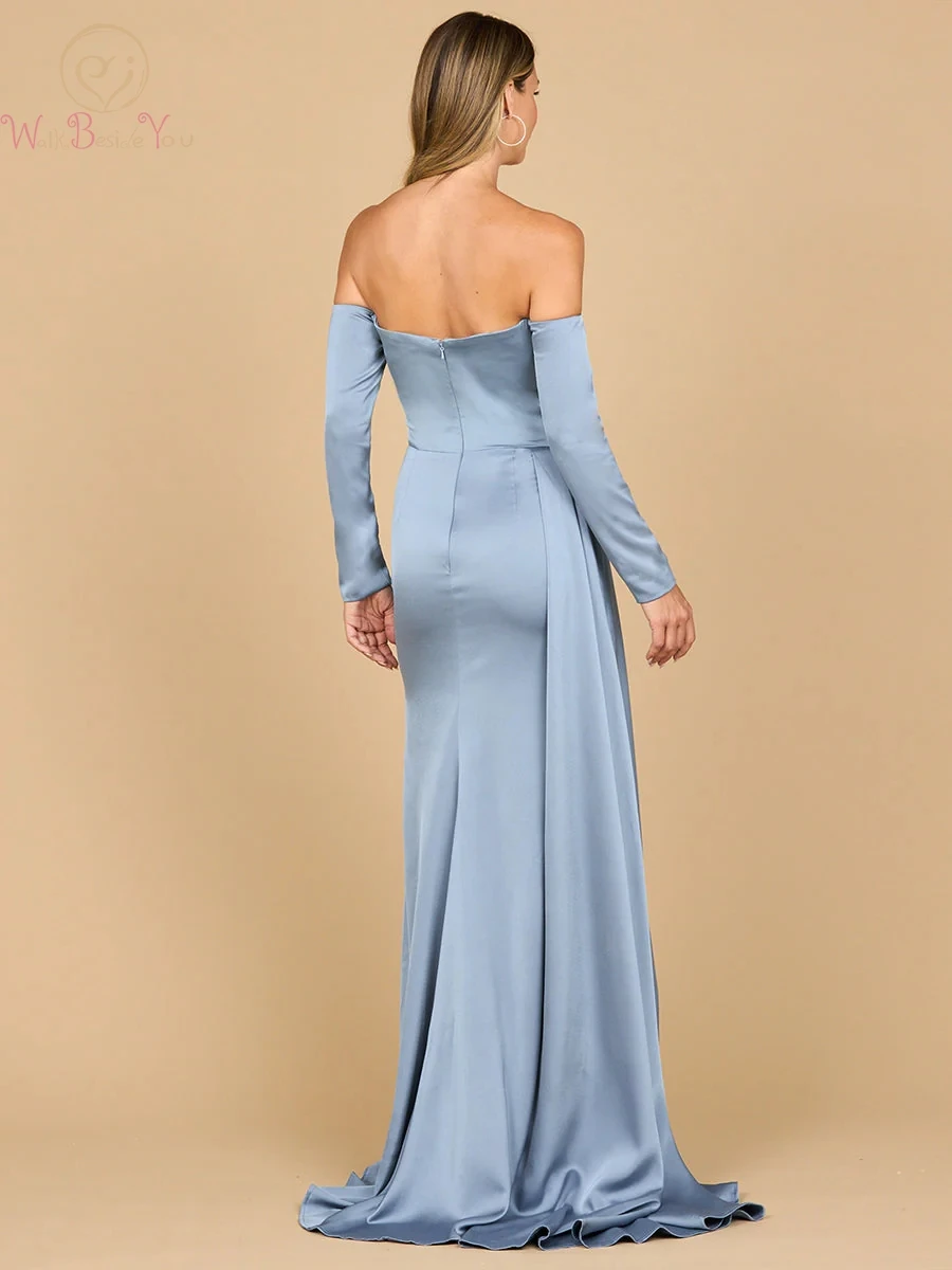 Customized Beading Sequined Sparkly Evening Dresses Off Shoulder Full Sleeves Mermaid Pleats Satin Pleats Party Prom Gowns