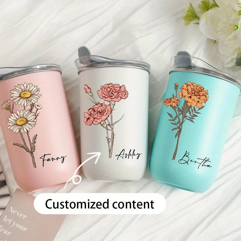 Personalized Customization Name: Carnation Flower Stainless Steel Cup, Straw Insulated Coffee Travel Cup,birthday Gift for Women