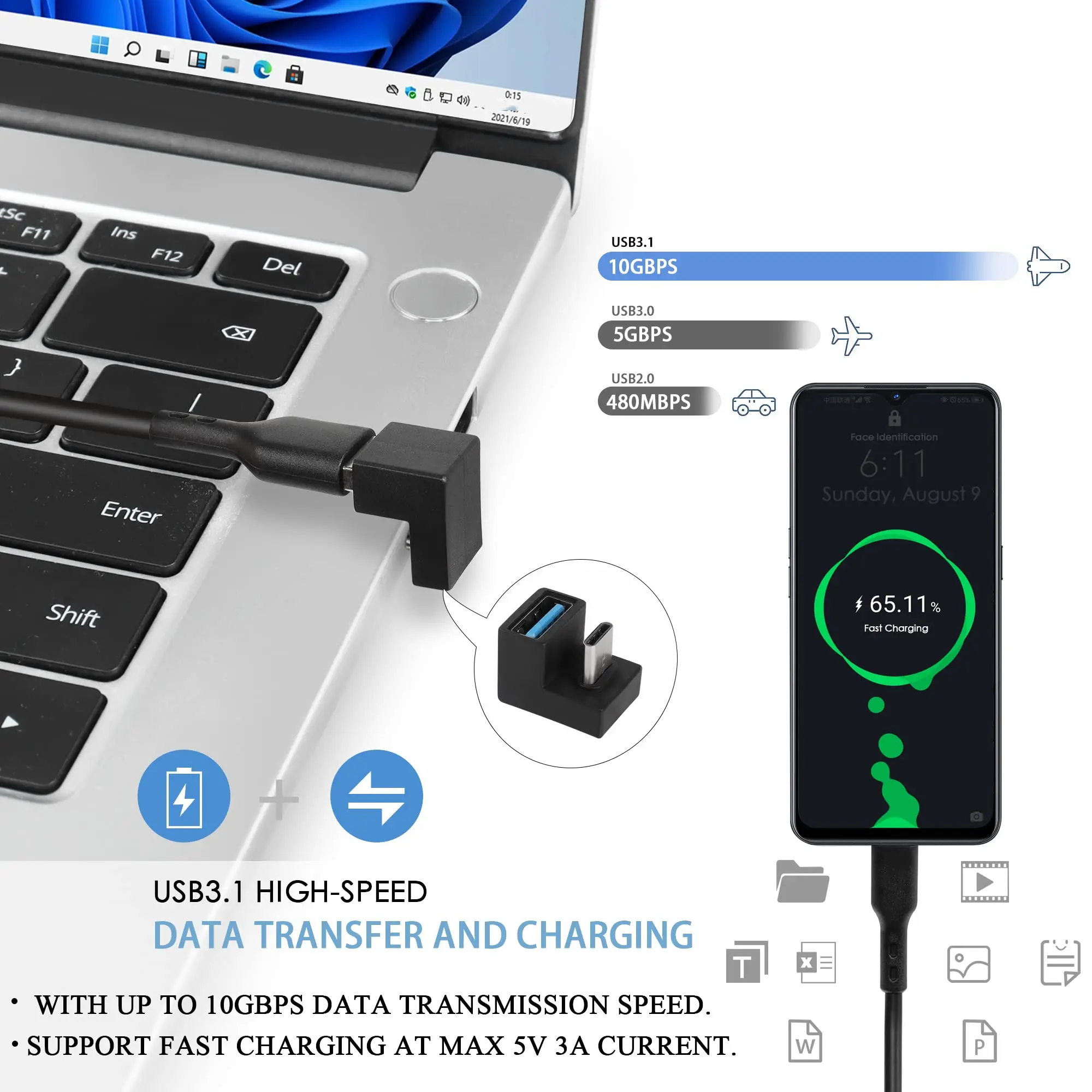 NNBILI Adapter USB C w kształcie litery U na USB 3.1 180 stopni typu C męski na złącze USB żeńskie 10 Gb/s Obsługa transferu danych OTG