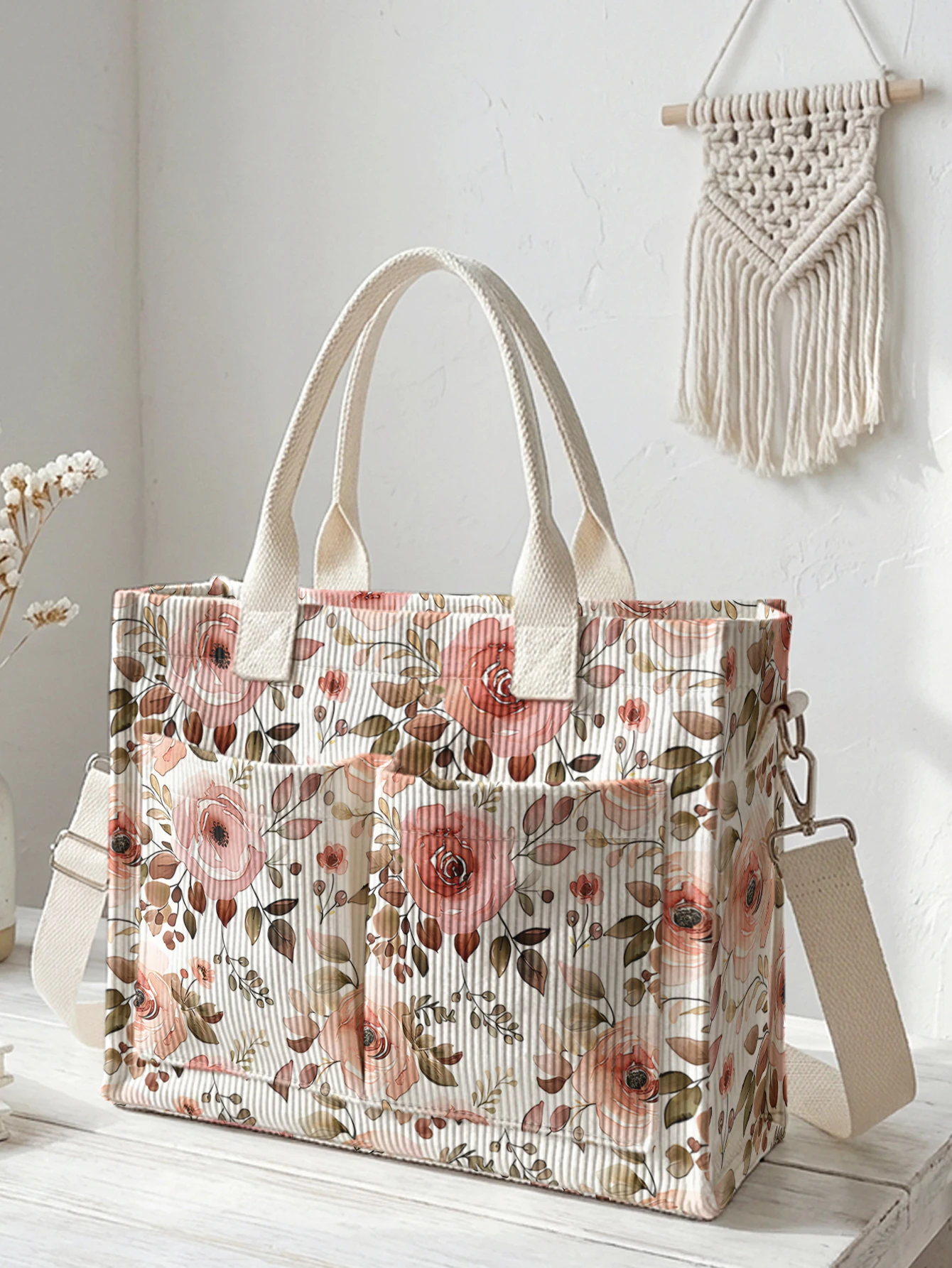 Bolso Tote de Pana con Estampado de Rosas Rosadas en Acuarela, Gran Capacidad, Múltiples Bolsillos, Bolso de Hombro para Amantes de las Flores