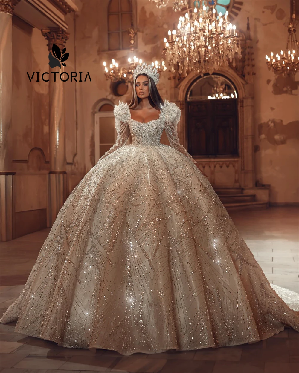 

Shinning Beaded Puff Long Sleeve Ball Gown Wedding Dresses 2025 فساتين طويلة Brides Dubai Bridal Gowns robe de mariée Customized