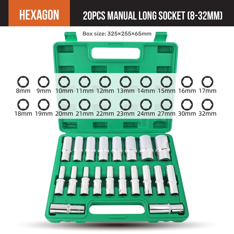 Hi-Spec 20 piezas 1/2 '' -12,5 MM extensión de 12 puntos Hexagonal juego de casquillos de 20 piezas de casquillos largos manuales con llave de 1/2''