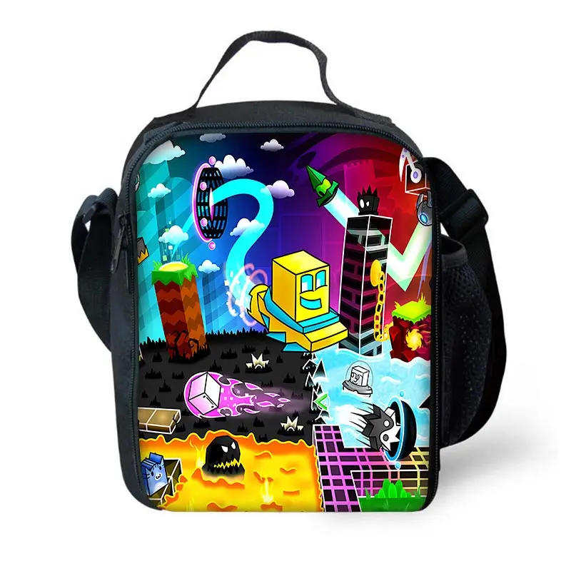 Wütende Geometrie Dash Kind isoliert große Kapazität Tasche für Jungen und Mädchen Student im Freien Picknick wieder verwendbare thermische Kühler Lunchbox