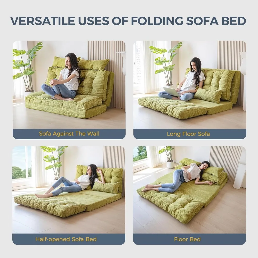 Bean Bag Bed Tufted Folding Sofa Bed with Pillows, Extra Thick and Long Floor Sofa, Floor Couch Bed for Bedroom Living Room