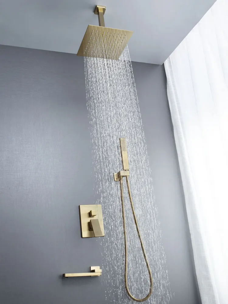 Brushed Gold Bathroom Shower Set Square Rainfall Shower Faucet Wall or Ceiling Wall Mounted Shower Mixer 8-12