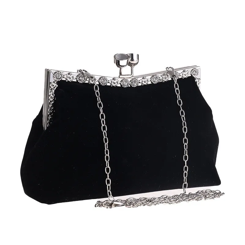 Soft Cocktail Handbags Wedding Bridal Day Clutches Purse Velvet Diamonds Evening Bags Red Black Color