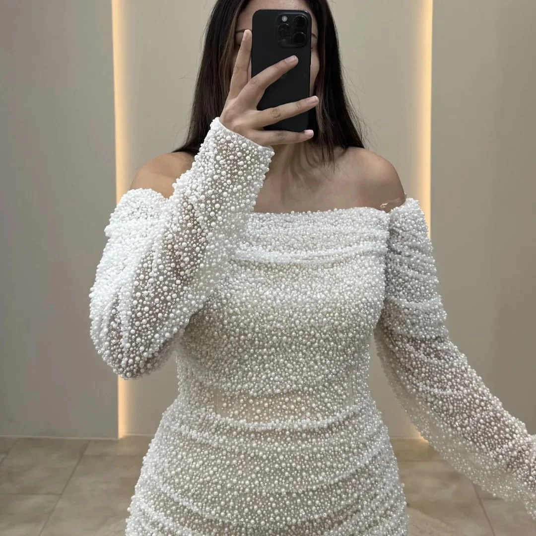 

Customized Luxury Full Beading Pearls Off The Shoulder Evening Dress Elegant Mermaid Prom Formal Party Wedding Bridal Dress