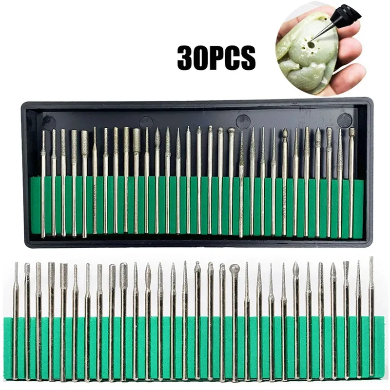 30 pcs diamond grinding head set with box 2.35mm handle diamond sand grinding needle jade carving machine universal accessories
