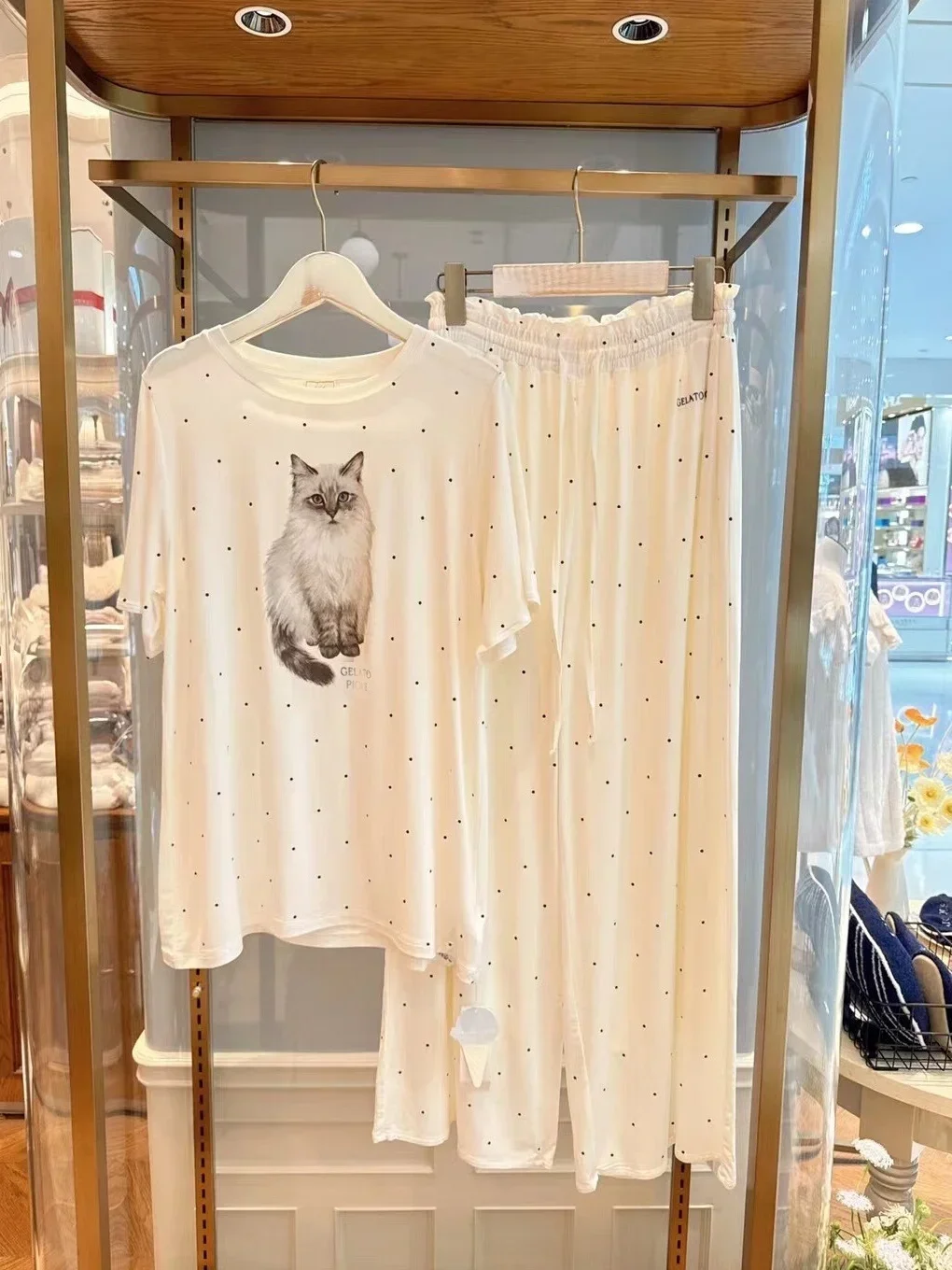 Summer Autumn New Ice Cream Cute Cartoon Cat Polka Dot Pajamas Women's Modal Cotton Short-sleeve Top Trousers Pajamas Sleepwear