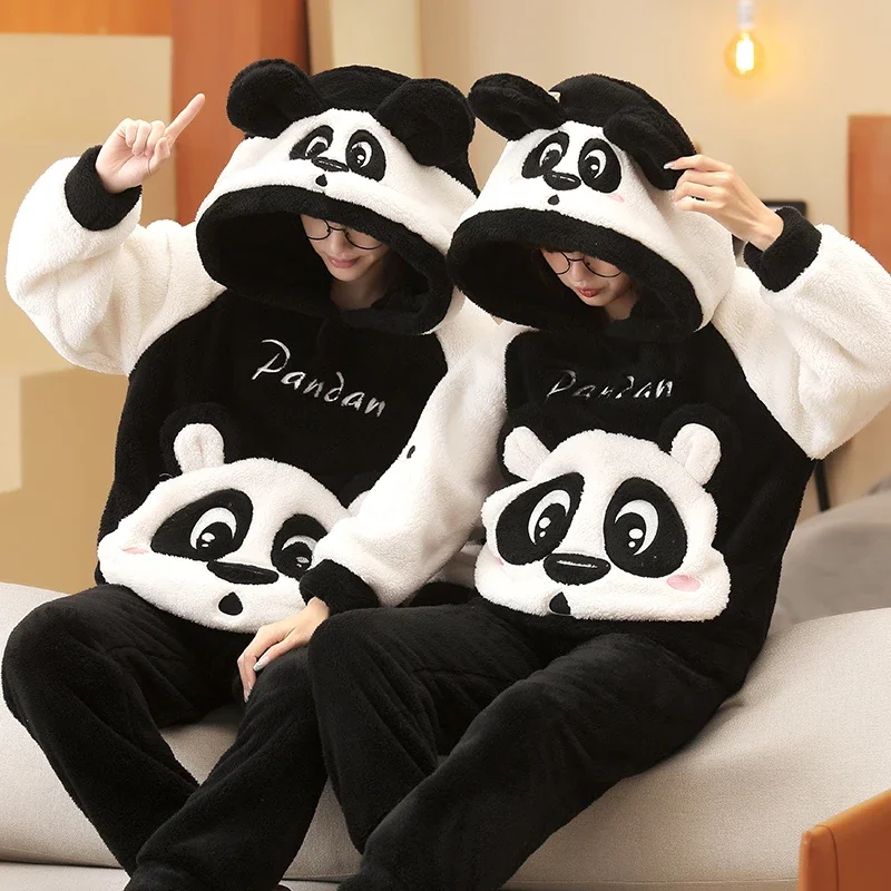 Couple Pajamas Set Women Men Adult Pajama Winter Thicken Hooded Pyjamas Sleepwear Cartoon Panda Korean Loose Lovers Homewear