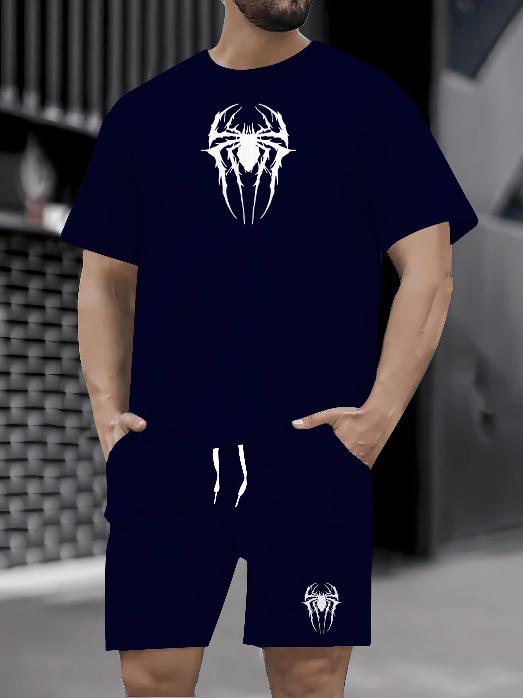 

2025 Summer New Men's Leisure Shopping Fitness Spider Pattern Fashion Printed Loose Round Neck Short Sleeve T-shirt+Shorts Set