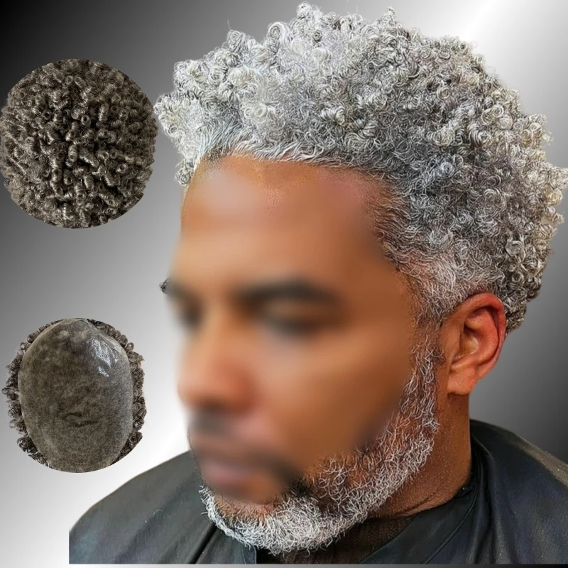 European Virgin Replacement 10mm curl #1b50 Grey Skin Knots PU Toupee 8x10 Male Unit for Old Men