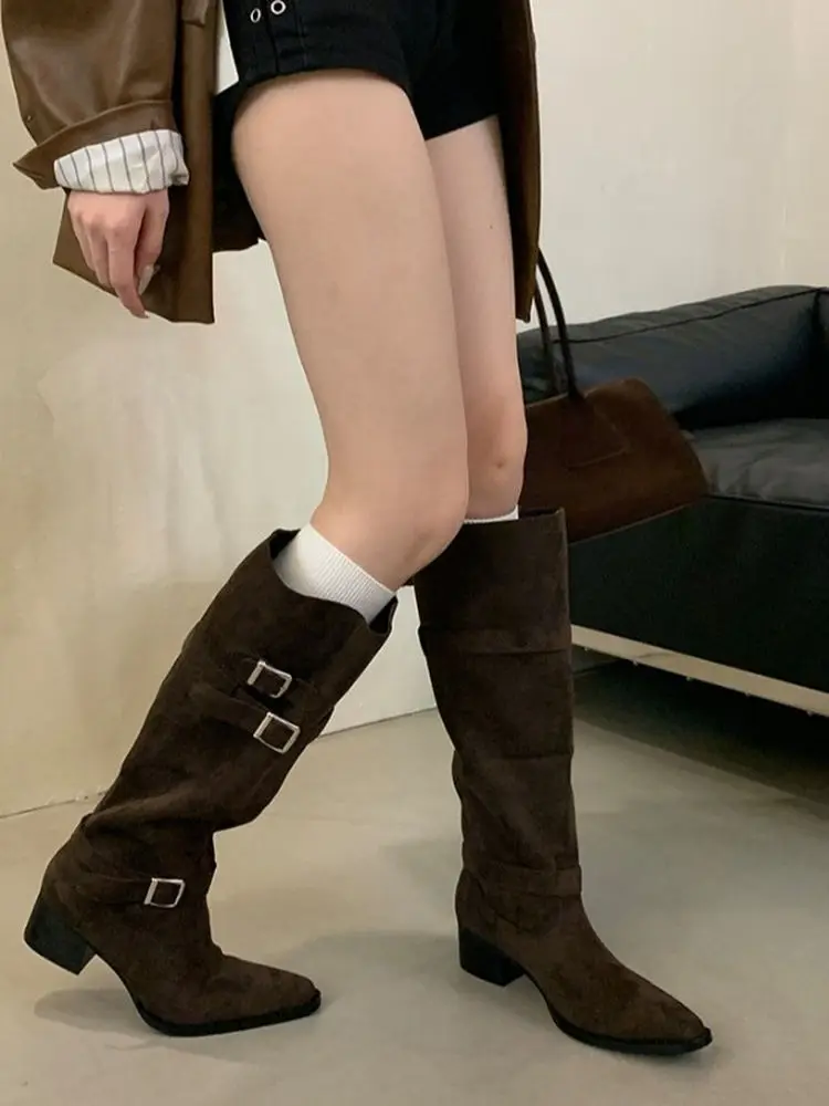 

Winter High-Top Boot Women's Faion Boots Korean Sle Velvet Interior arp Point High Heel Rider Boot Belt Bule Boot