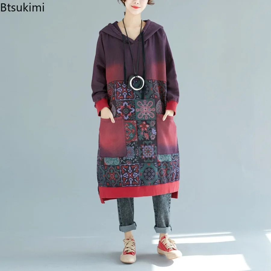 Spring Autumn New Women's Vintage Long Hoodies Fashion Print Casual Pullovers Big Pockets Splice Hooded Dress Women Sweatshirts