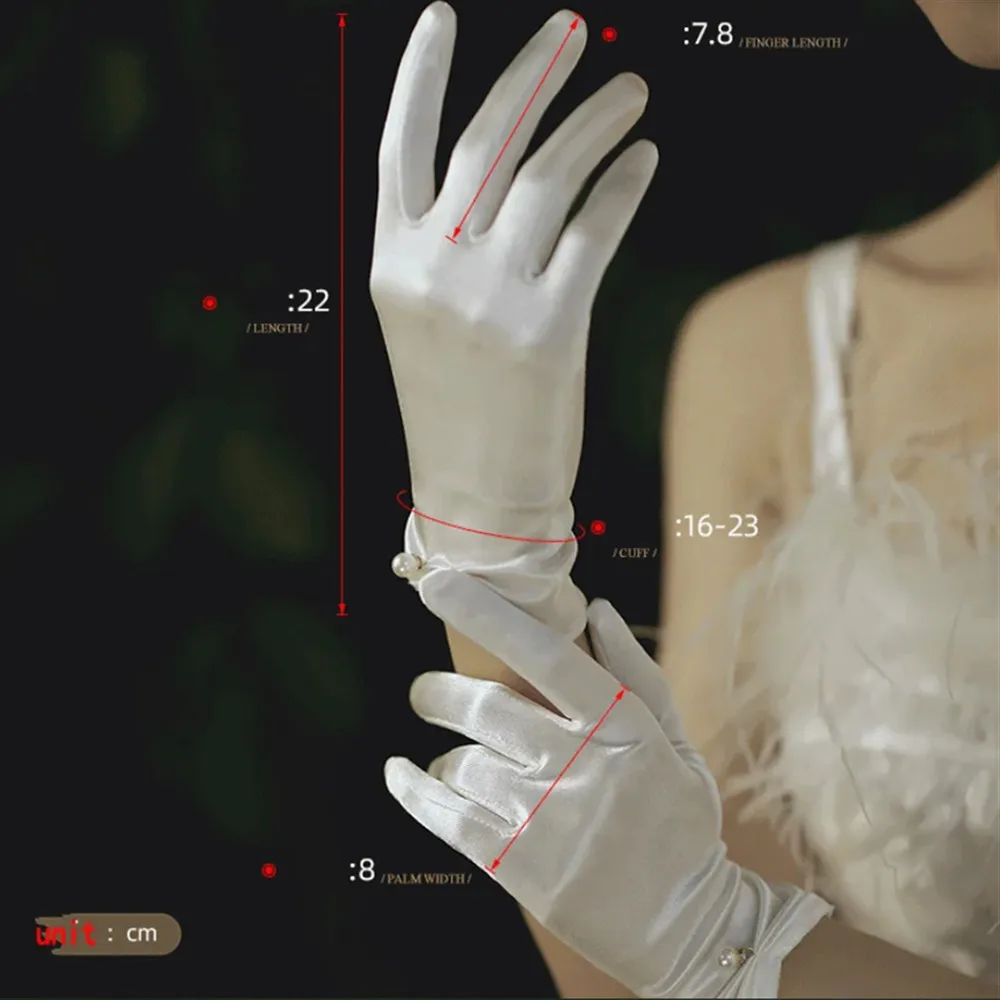 

White Satin Wedding Dress Gloves Short Elegant Petal Pearl Bow Mesh Bridal Gloves Cosplay Versatile Photo Accessories Retro