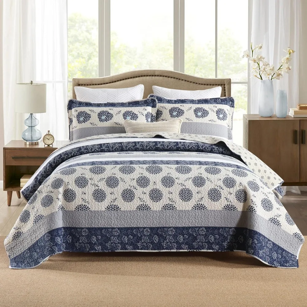 

Bedding Set, Striped Floral Pattern Quilt Set,Lightweight Paisley 3 Piece,All Seasons, 100% COTTON, Easy Care, Bed Cover