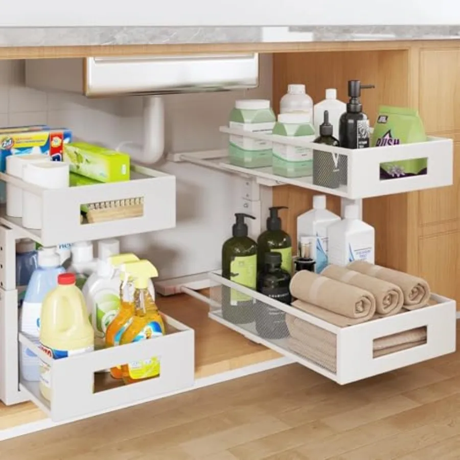 

Under Sink Organizer, 2-Tier Dual Pull Out Cabinet Organizer Drawers With Smooth Circular Rail, Large Capacity Metal Mesh Slidi