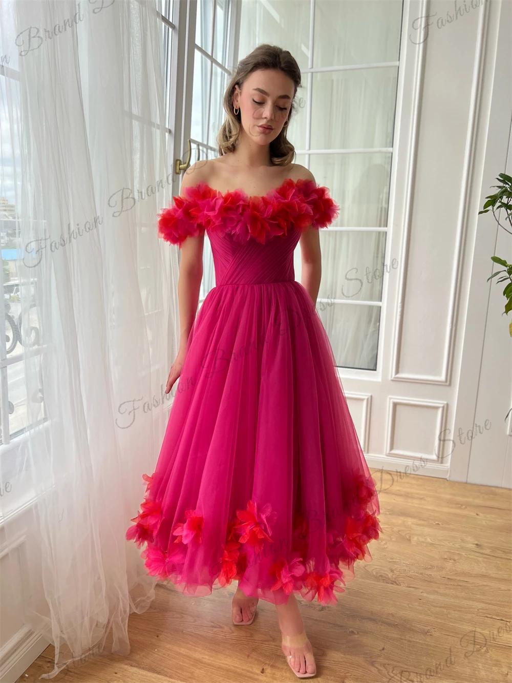 

Tulle Off-the-shoulder Sweetheart 3D Flower Cocktail Dresses Corset Sleeveless Homecoming Gowns A-Line Tea-length Prom Gowns