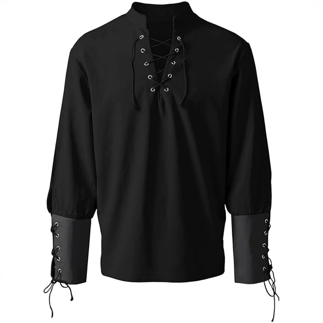 

High-quality Newest Men's Medieval Style Solid Color Shirt Pirate Goth Long-sleeved V-neck Strap Design Cosplay Costumes