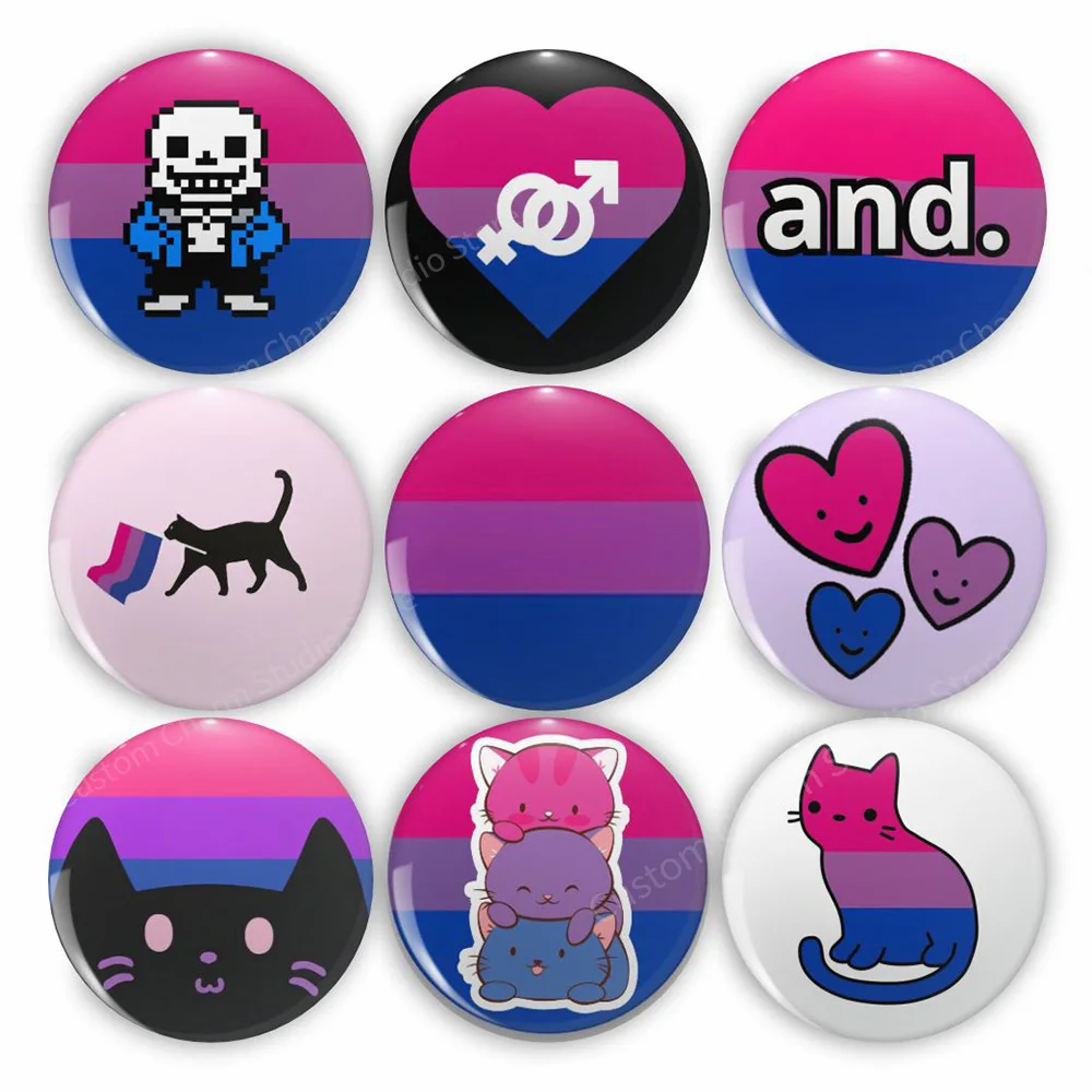 LGBT Tinplate Badges Bisexual Pride Flag Brooches Cute Cat Heart Symbol Pins Fashion Lapel Backpack Jewelry Customize Gifts