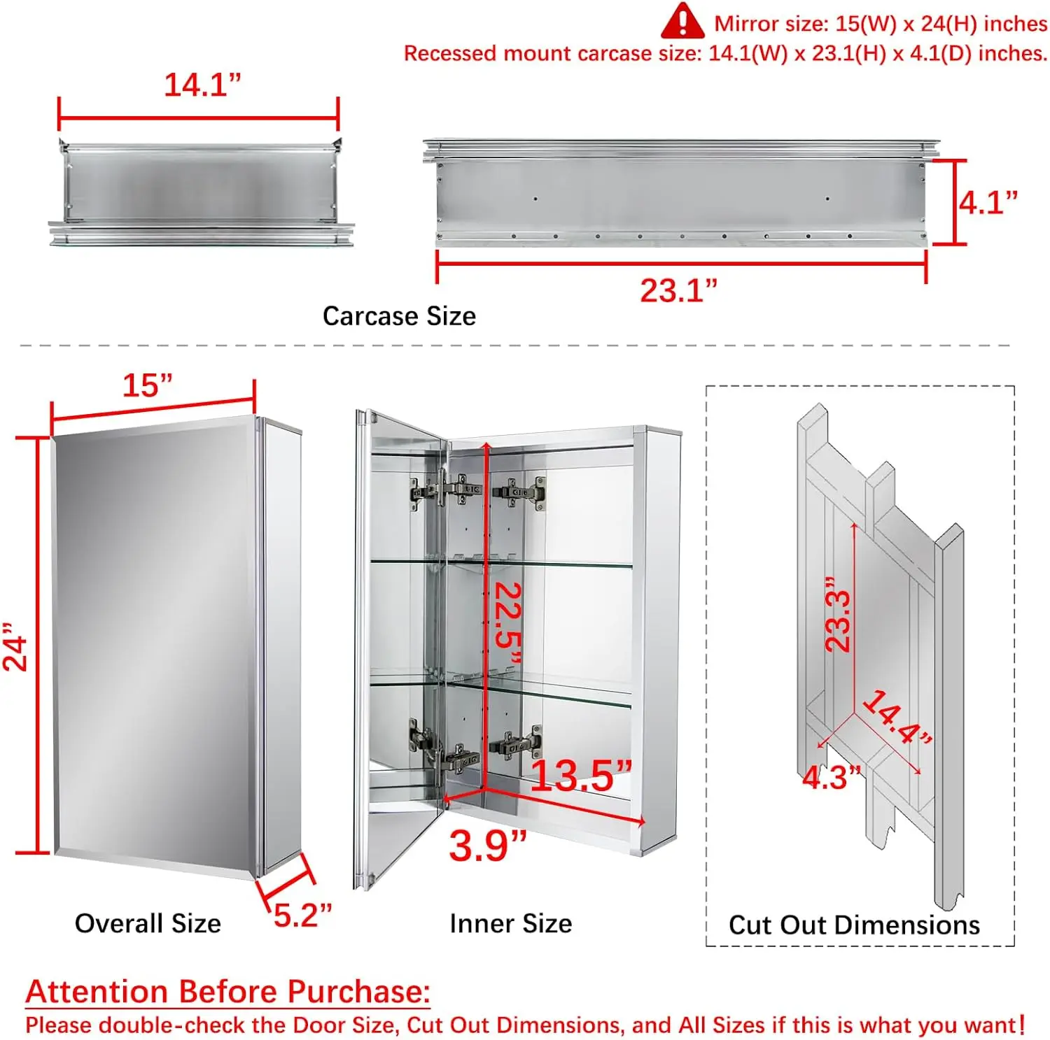 Armario de Medicina de baño con espejo de doble cara, puerta de 15 pulgadas x 24 pulgadas, receso o montaje en superficie, plateado