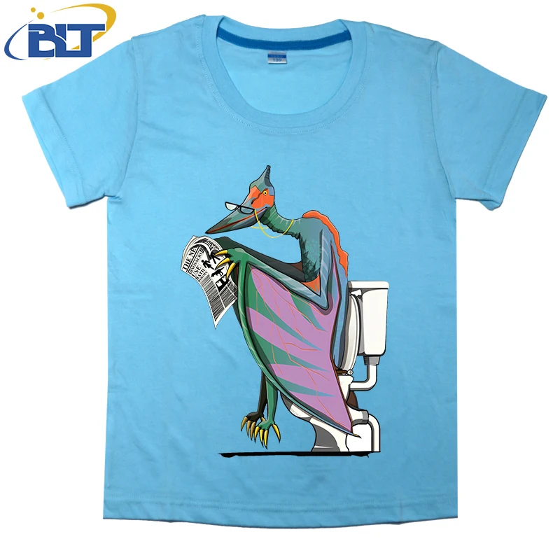 Dinosaur Pterodactyl on the Toilet printed kids T-shirt summer cotton short-sleeved casual top suitable for both boys and girls