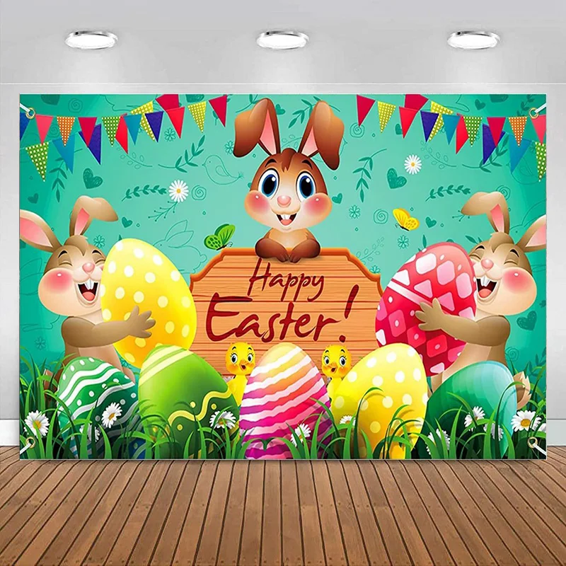 Happy Easter Photography Background Banner with Bunny Colorful Eggs for Easter Party Decorations Spring Birthday Decor Backdrop