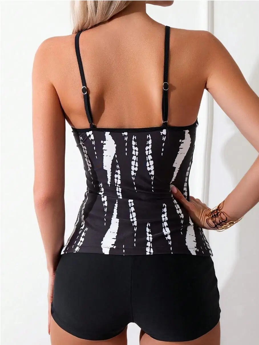 2025 Women's High Waist Boyleg Tummy Control Tankini Set Push Up Modest Two Piece Swimwear Beach Vacation Shorts Swimsuit Female