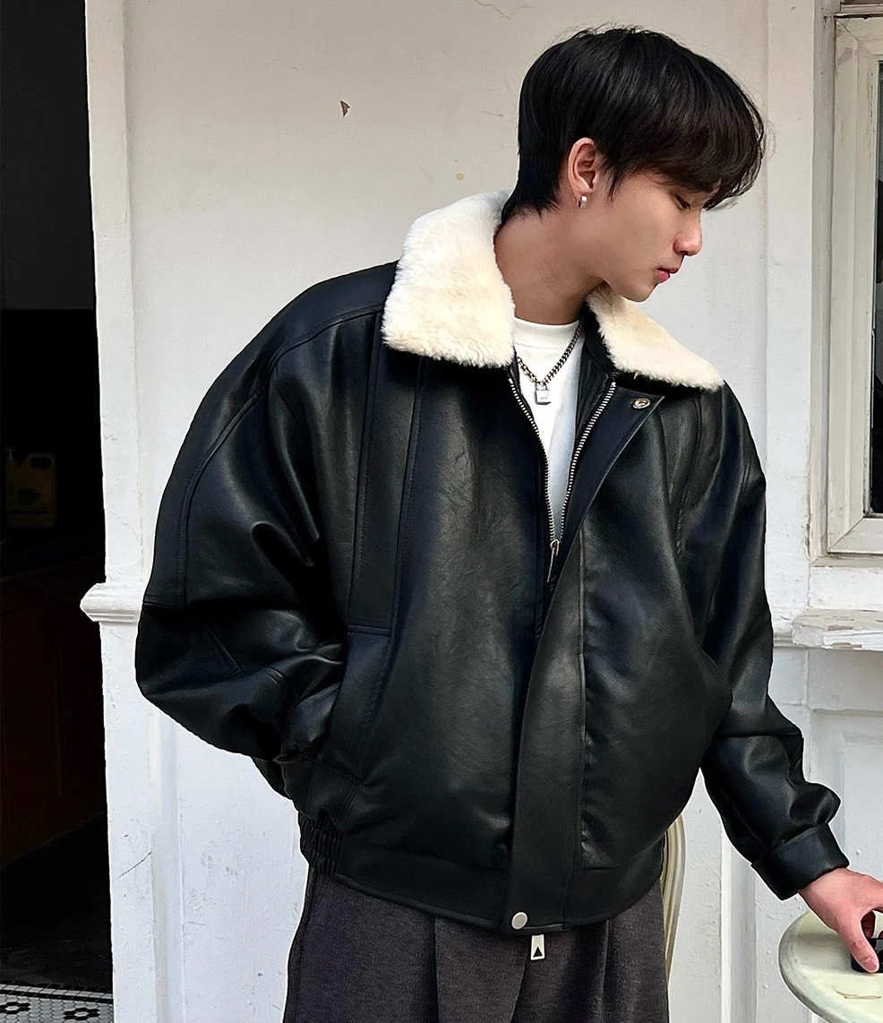 Men's 2025 Winter New Long Sleeve Lapel Motorcycle Jackets Men's PU Leather Parkas Warm Loose Comfort Fashion Faux Leather Coats