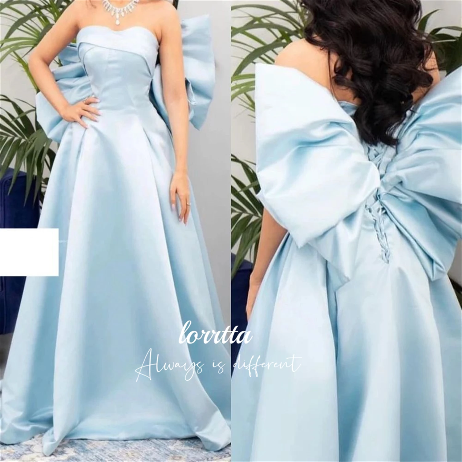 Lorrtta Sky Blue Satin Bow Decoration Evening Dress Elegant Party Dresses 2024 Robe De Soiree Femmes Prom Dreeses Woman Wedding