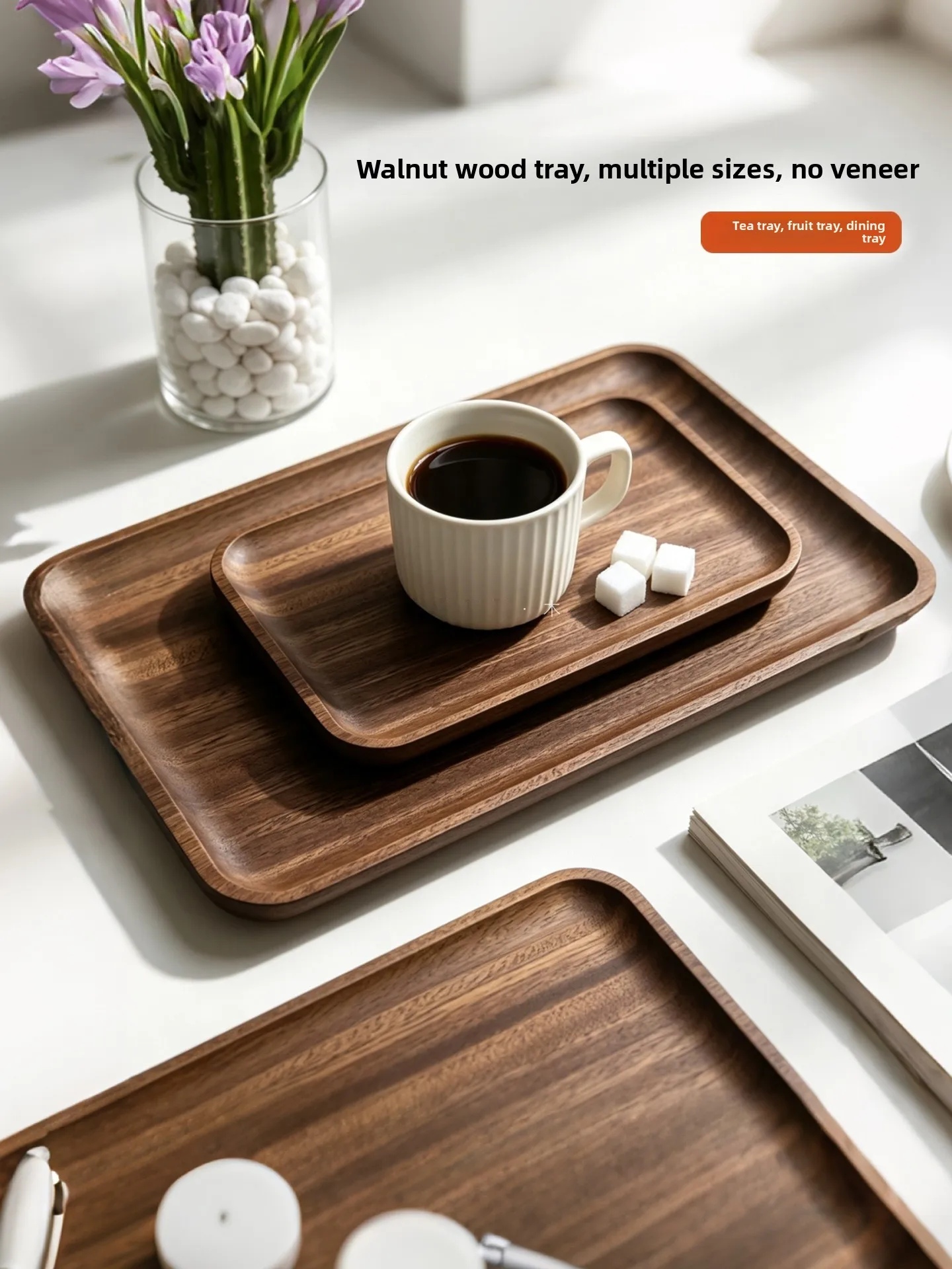 High-End Hotel Walnut Wood Tray Rectangular Multi-Function Dining Plate Tea Cup Tray Home Use Commercial Use Simple Style